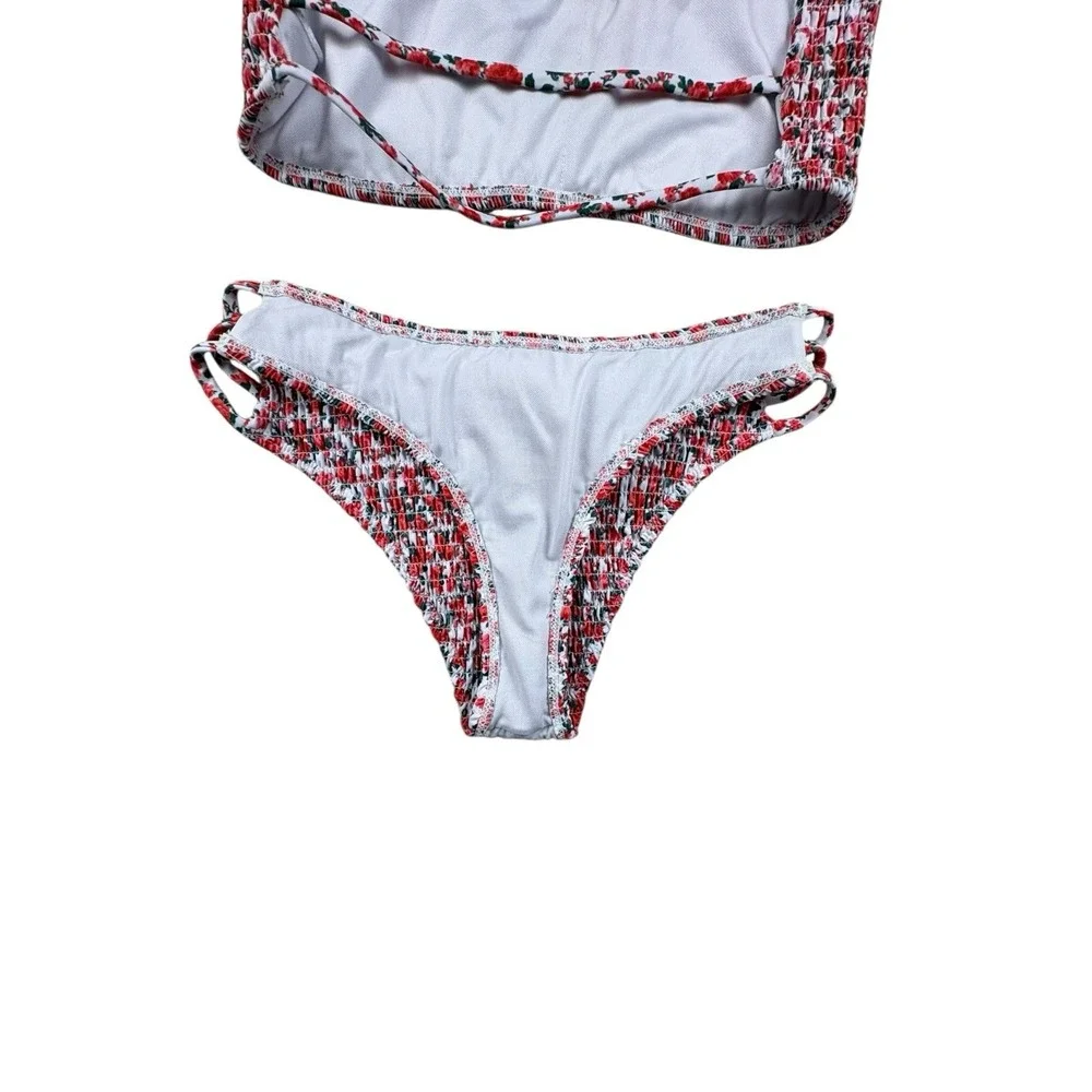 Unbranded Floral Smocked Bikini Set Red White‎ Bandeau Top High Cut S
